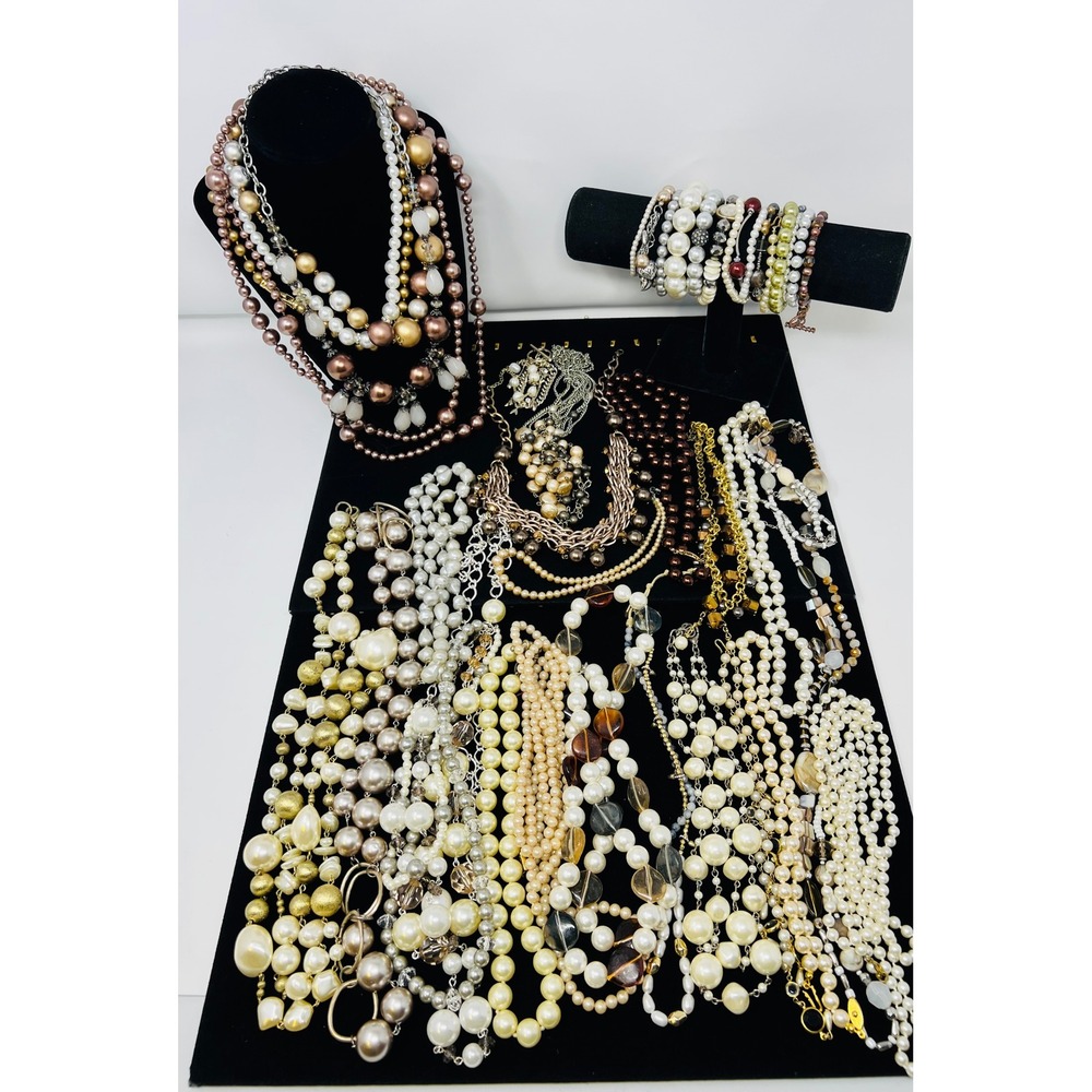 Vintage to Modern Pearl Necklace & Bracelet Gold & Silver Tone Beaded Lot of 27